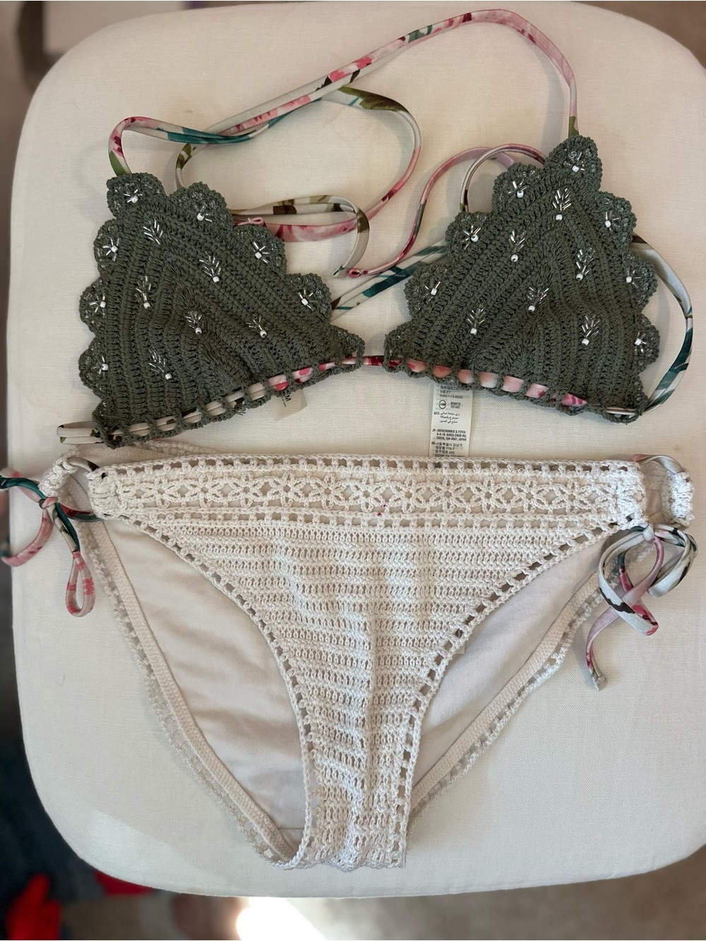 Crochet Two-Piece Bikini Set - Olive Top & Cream Bottom